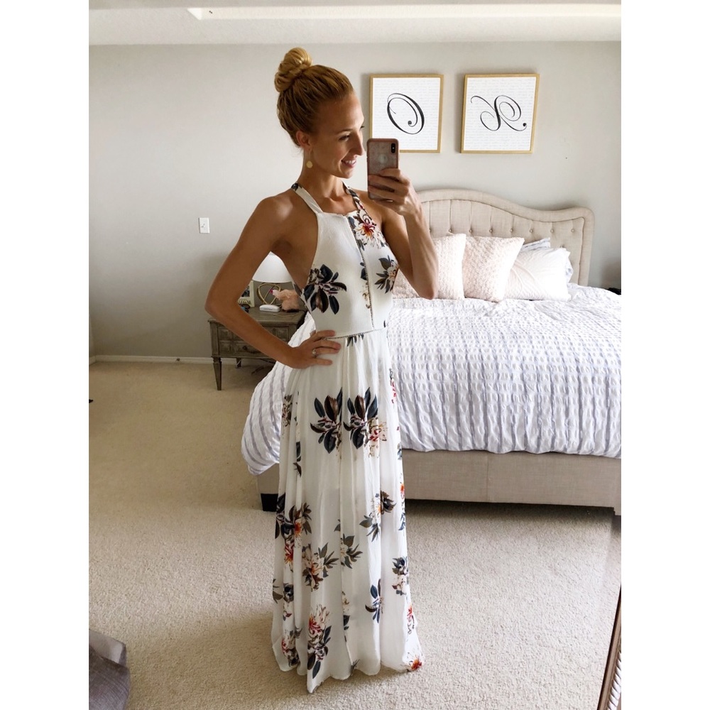 Floral halter neck open back maxi dress
